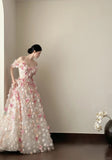 Sweet Pink And White Gradient Strapless 3D Floral Tulle Ball Gown Wedding Dress HZ1022