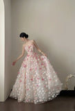 Sweet Pink And White Gradient Strapless 3D Floral Tulle Ball Gown Wedding Dress HZ1022