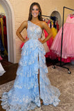 One Shoulder Light Blue Appliques Ruffle Formal HZ0308