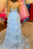 One Shoulder Light Blue Appliques Ruffle Formal HZ0308