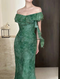 Elegant Dark Green Mermaid Ruffled Chiffon Long Prom Dress Evening Dress HZ1022