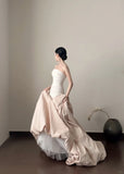 Elegant And Retro Pink And White Irregular Tulle Long Prom Dress Evening Dress Wedding HZ1022
