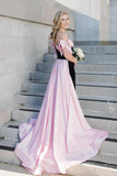 Off the Shoulder Black Long Formal Dress with Pink HZ0308