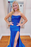 Strapless Royal Blue Appliques Satin Mermaid Long Formal HZ0308