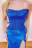 Strapless Royal Blue Appliques Satin Mermaid Long Formal HZ0308