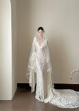 Elegant White Mermaid Train V-neck Lace Wedding Dress HZ1022