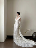 Elegant White Mermaid Train V-neck Lace Wedding Dress HZ1022