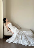 Elegant White Mermaid Train Lace Tulle Wedding Dress HZ1022