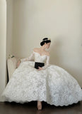 Elegant White Off-shoulder Lace Mesh Ball Gown Wedding Dress HZ1022