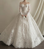 Elegant White Off-shoulder Lace Mesh Ball Gown Wedding Dress HZ1022