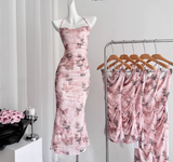 Cute Mermaid Spaghetti Straps Pink Floral Long Summer Dress For Women HZ1121