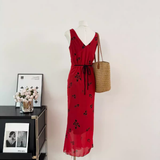 Cute A line V Neckline Red Floral Long Summer Dress For Women HZ1121