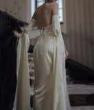 Vintage A line Strapless Long Sleeves White Silk Satin Backless Wedding Dresses HZ1022