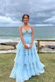 Light Blue Pleated A-line Tiered Prom HZ0308