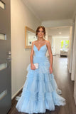 Light Blue Pleated A-line Tiered Prom HZ0308