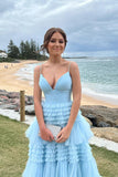 Light Blue Pleated A-line Tiered Prom HZ0308