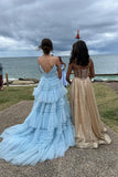 Light Blue Pleated A-line Tiered Prom HZ0308