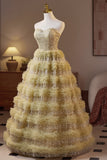 Golden Sweetheart Sequin Ruffle A-line Prom HZ0308