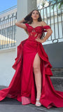 Illusion Off The Shoulder Red Floral Beaded Prom Evening HZ0308
