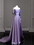 Simple A line Strapless Sleeveless Satin Lilac Prom Dresses Long Prom Dress HZ1022