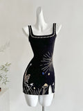 Fantasy Black Embroidered Slim Square Neck Short Birthday Dress Homecoming Dress HZ1022