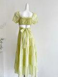 Fresh Light Green A-line Short-sleeved Back Hollow Long Prom Dress Bridesmaid Dress HZ1022