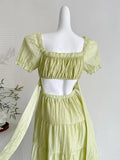 Fresh Light Green A-line Short-sleeved Back Hollow Long Prom Dress Bridesmaid Dress HZ1022
