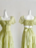 Fresh Light Green A-line Short-sleeved Back Hollow Long Prom Dress Bridesmaid Dress HZ1022