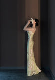 Vintage Light Green Printed Mermaid Strap Chiffon Long Prom Dress Evening Dress HZ1022