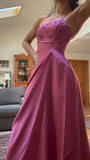 Classy Fuchsia Spaghetti Straps Satin A-Line Beaded Long Prom Dress Bridesmaid Dresses Long formal Dress HZ1121