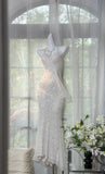 Shinying White Mermaid Strapless Lace-up Back Sequin Chiffon Long Prom Dress Evening Dress HZ1022