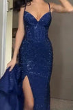 Sparkly Spaghetti Strap Sleeveless Mermaid Split Long Prom Dress With High Split Formal Dress HZ1121