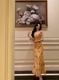 Cute A line V Neckline Yellow Floral Sleeveless 18th Birthday Dress Party Gown Birthday Outfits For Women HZ1121