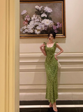 Vintage Mermaid Square Neckline Green Floral Sleeveless 18th Birthday Dress Party Gown Birthday Outfits For Women HZ1121