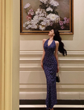 Sexy Mermaid Halter Blue 18th Birthday Dress Long Party Birthday Outfits For Women HZ1121