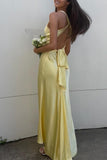 V Neck Yellow Satin Bow Back Party HZ0308