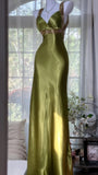 Elegant Olive-green Mermaid V-neck Backless Satin Long Prom Dress Evening Dress HZ1022