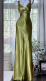 Elegant Olive-green Mermaid V-neck Backless Satin Long Prom Dress Evening Dress HZ1022