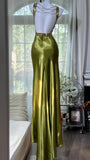 Elegant Olive-green Mermaid V-neck Backless Satin Long Prom Dress Evening Dress HZ1022