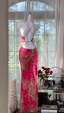 Vintage Rose Pink Floral Mermaid Backless Chiffon Long Prom Dress Evening Dress HZ1022