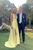 Plunge Yellow A-line Long Formal Dress with HZ0308
