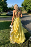 Plunge Yellow A-line Long Formal Dress with HZ0308