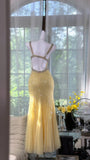 Elegant Pale Yellow Mermaid Strapless Backless Beaded Chiffon Long Prom Dress Evening Dress HZ1022