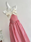 Retro Red And White Plaid A-line Bow Strap Long Prom Dress 17th Birthday Dress HZ1022