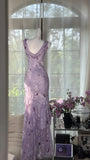Elegant Purple Mermaid Printed Boat Neck Chiffon Long Prom Dress Evening Dress HZ1022