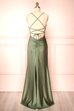 Modest Mermaid Straps Sage Green Slit Long Prom Dress HZ1022