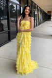Strapless Yellow Chiffon Tiered Ruffles Long Party HZ0308