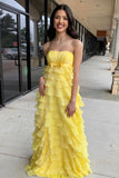 Strapless Yellow Chiffon Tiered Ruffles Long Party HZ0308