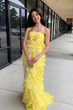 Strapless Yellow Chiffon Tiered Ruffles Long Party HZ0308