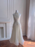 Elegant Ivory A-line Halter Nack Pearl Pleated Chiffon Prom Dress Evening Dress HZ1022